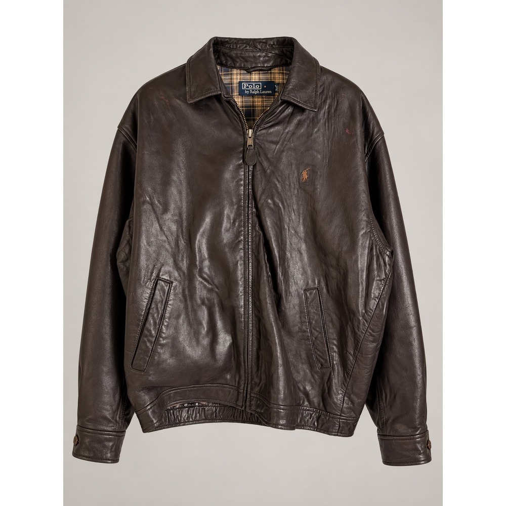 Polo Ralph Lauren Mens Brown Leather Bomber Jacket Plaid Lined Large
